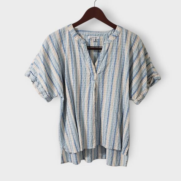 Studio West Womens Cotton Gauze Blue Stripe Blouse Top Large Boxy Oversized Boho - Picture 1 of 11